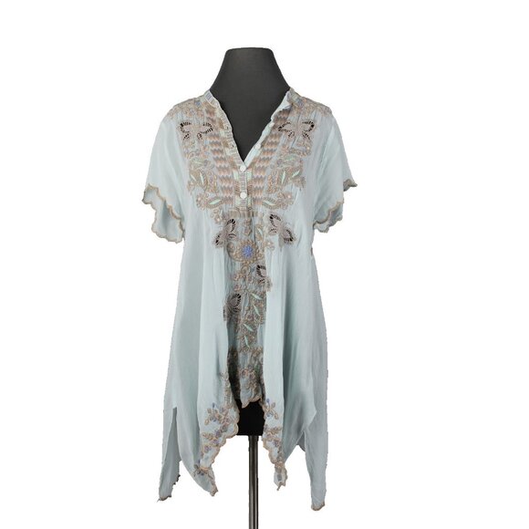 Johnny Was Top Sz M Aqua Blue Multi Color Embroidered Sheer 100% Rayon Poly Top - Picture 1 of 12